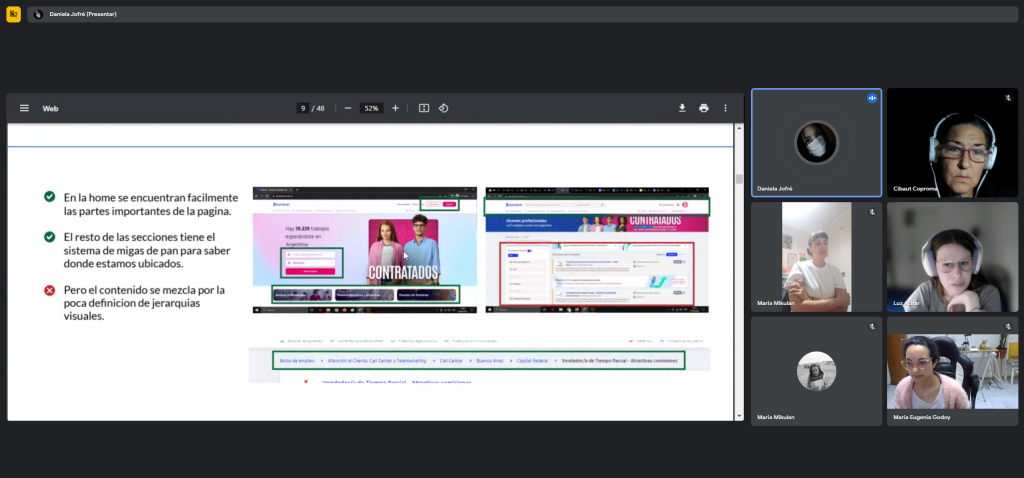 Captura de pantalla de exposición virtual de pasantía en Accesibilidad Cognitiva web mostrando relevamiento y diagnóstico de una web existente