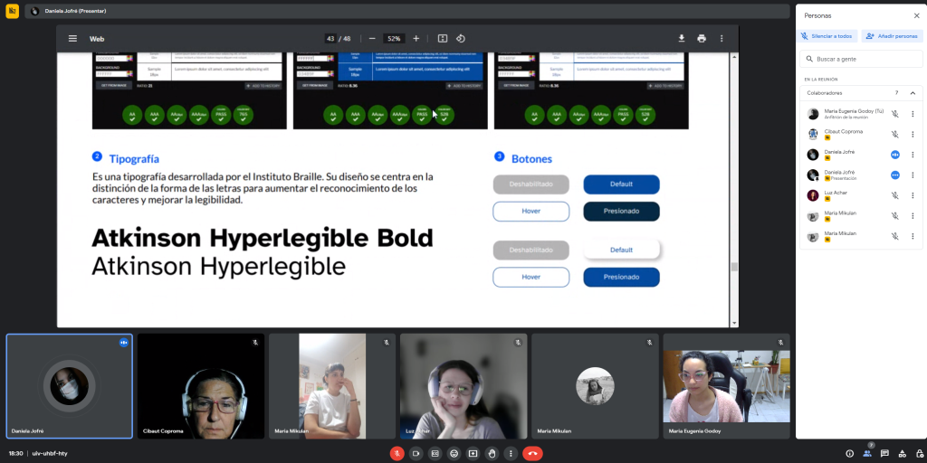 Captura de pantalla de exposición virtual de pasantía en Accesibilidad Cognitiva web mostrando lámina de tipografía y botones.