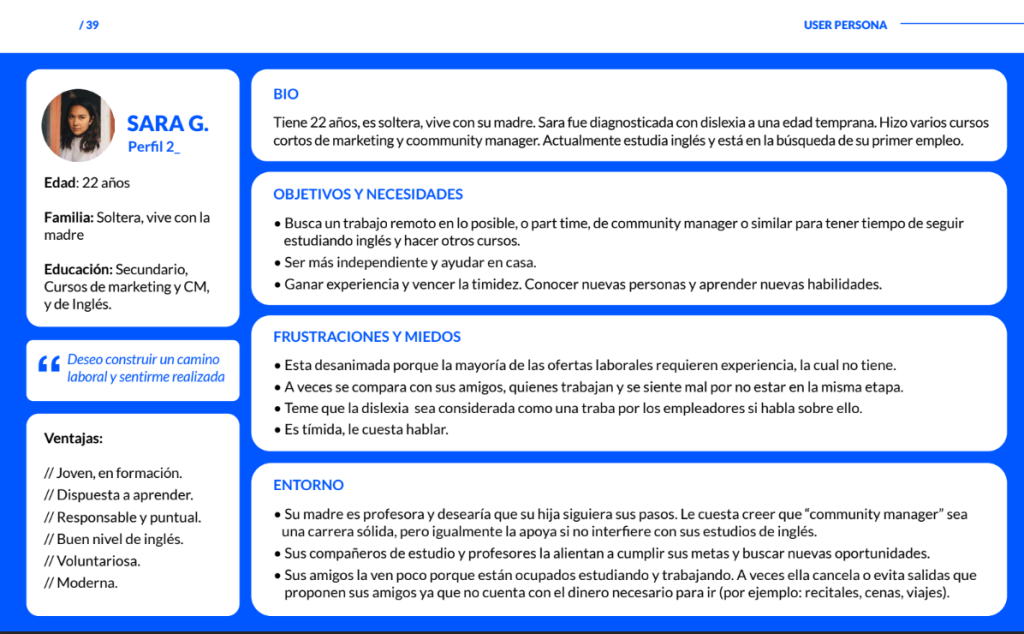 Ficha de User persona de Sara 22 años con sus objetivos, necesidades, frutraciones y entorno.